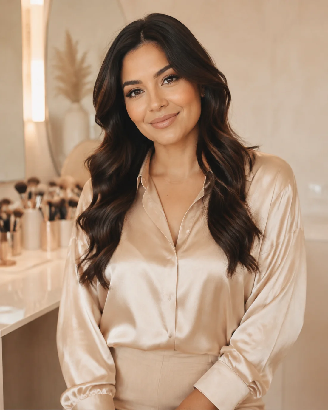 Nailet in her Miami makeup studio, wearing a satin blouse with her brushes arranged on the vanity