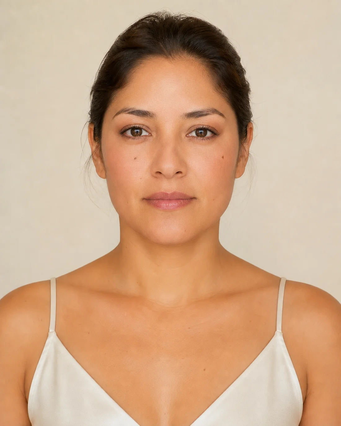 Front-facing portrait with natural makeup: even skin, defined brows and a nude lip